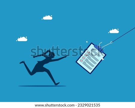 Scam documents. The woman was lured by the enticing documents. vector 