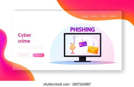 Scam Email Letters, Fraud Activity Landing Page Template. Computer Monitor with Credit Cards Hanging on Hooks, Victims of Phishing and Hacker Attack Lose Money in Internet. Cartoon Vector Illustration