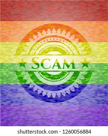 Scam emblem on mosaic background with the colors of the LGBT flag