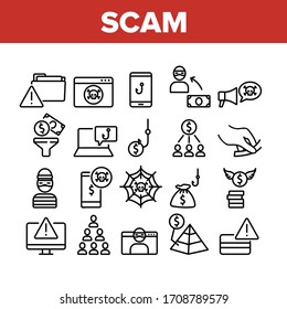 Scam Finance Criminal Collection Icons Set Vector. Internet And Mobile Phone Scam, Computer Screen And Folder, Dollar Banknote And Coin Concept Linear Pictograms. Monochrome Contour Illustrations