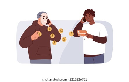 Scam, fraud via mobile phone call. Scammer getting access to money, bank card data, information from victim. Crime during smartphone talk. Flat vector illustration isolated on white background