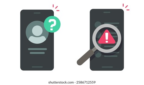 Scam fraud warning digital alert on mobile cell phone detect icon vector flat minimal graphic illustration set, unknown call cyber security information smartphone sign, fake caution notice message