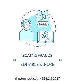 Scam and frauds blue concept icon. Fraudulent activity online. Law and legal issue abstract idea thin line illustration. Isolated outline drawing. Editable stroke. Arial, Myriad Pro-Bold fonts used