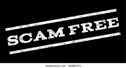 Scam Free watermark stamp. Text tag between parallel lines with grunge design style. Rubber seal stamp with dirty texture. Vector white color ink imprint on a black background.