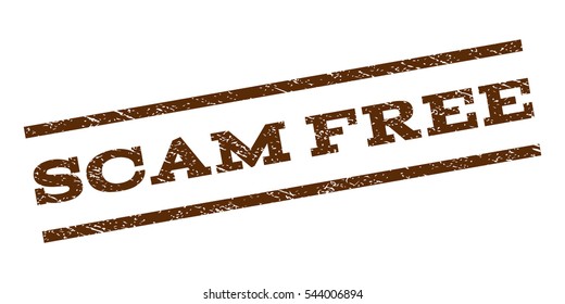 Scam Free watermark stamp. Text tag between parallel lines with grunge design style. Rubber seal stamp with scratched texture. Vector brown color ink imprint on a white background.