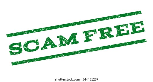 Scam Free watermark stamp. Text caption between parallel lines with grunge design style. Rubber seal stamp with scratched texture. Vector green color ink imprint on a white background.