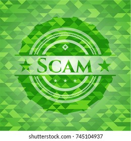 Scam green emblem. Mosaic background