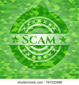 Scam green emblem with mosaic background