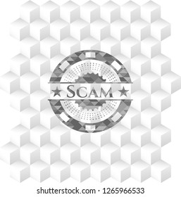 Scam grey emblem. Retro with geometric cube white background