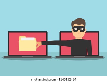 Scam. The Internet scammer wants to steal personal data. A man with a hand wants to steal information from a laptop. Flat design, vector illustration, vector.