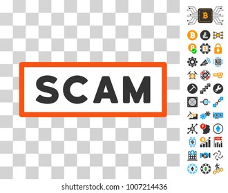 Scam Label pictograph with bonus bitcoin mining and blockchain clip art. Vector illustration style is flat iconic symbols. Designed for crypto currency software.