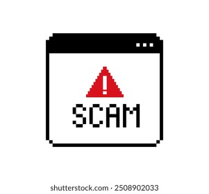SCAM - janela de mensagem no jogo estilo retro de 8 bits. Mensagem de advertência de sinal de estilo de videogame vintage. Mensagem de interface de aviso de tecnologia Web3. Janela de gráficos de pixel em estilo grego com texto SCAM. Vetor
