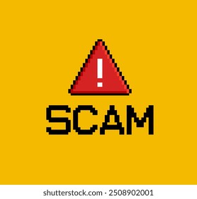 SCAM - banner amarelo mensagem no jogo estilo retro de 8 bits. Mensagem de advertência de sinal de estilo de videogame vintage. Mensagem de interface de aviso de tecnologia Web3. Janela de gráficos de pixel em estilo grego com texto SCAM. Vetor
