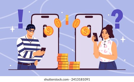 Scam on internet concept. Hacker steal money from woman near smartphone. Eectronic money, digital transfers and transactions. Cartoon flat vector illustration isolated on blue background