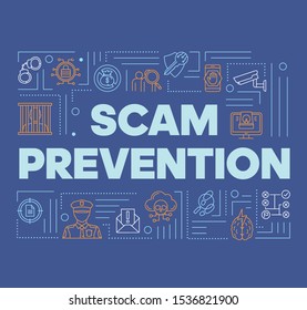 Scam prevention blue word concepts banner. Fraud protection presentation, website. Stopping illegal actions. Isolated lettering typography idea with linear icons. Vector outline illustration