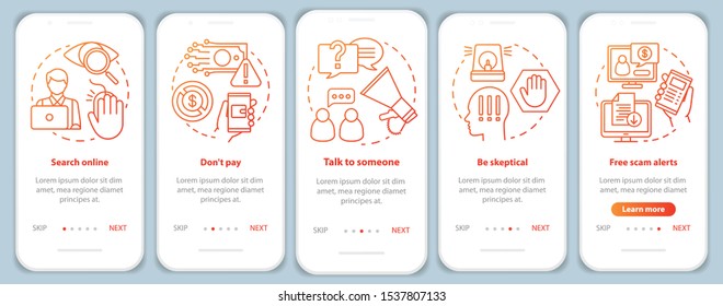 Scam prevention onboarding mobile app page screen vector template. Walkthrough website steps with linear illustrations. Search online. UX, UI, GUI smartphone interface concept
