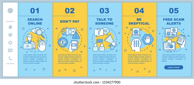Scam prevention onboarding mobile web pages vector template. Responsive smartphone website interface idea with linear illustrations. Search online. Webpage walkthrough step screens. Color concept