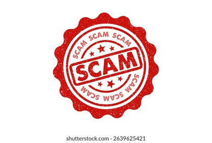 Scam red ink circle round rubber stamp deceit alert fraud illegal unlawful crime sign symbol grunge effect round seal tag badge label