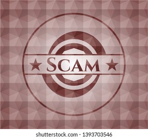 Scam red seamless emblem or badge with abstract geometric pattern background.