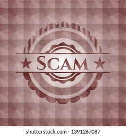 Scam red seamless emblem with geometric pattern background.