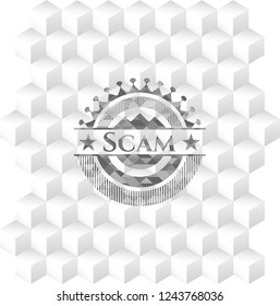 Scam retro style grey emblem with geometric cube white background