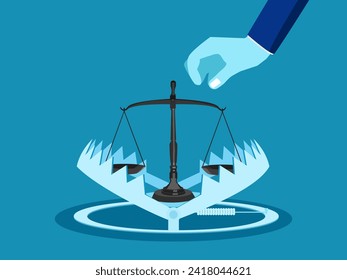 Scam rules. Businessman reaching for a scale in a trap