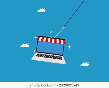 Scam selling products online. Laptops for shopping online are on the hook. vecto