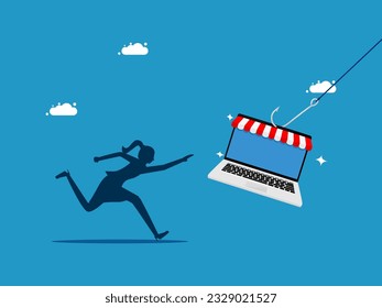 Scam selling products online. woman runs to grab a laptop to shop online. vector 