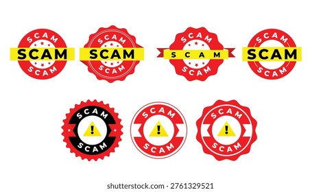 Scam Stamp Badge Icons Set – Fraud Alert, Fake Warning, Security Symbols Collection