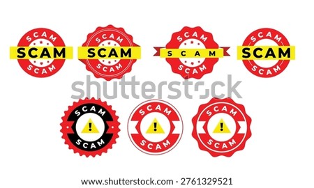 Scam Stamp Badge Icons Set – Fraud Alert, Fake Warning, Security Symbols Collection