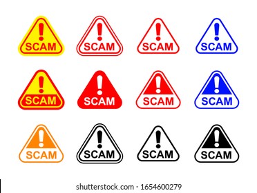 Scam Triangle Sign Label Isolated On White, Scam Warning Sign Graphic For Spam Email Message And Error Virus, Scam Alert Icon Triangle For Hacking Crime Technology Symbol Concept, Vector