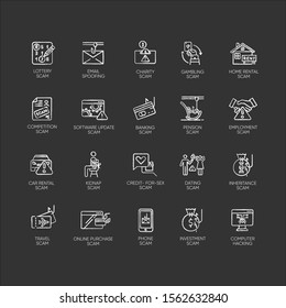 Scam types chalk icons set. Malware. Investment, rental schemes. Phishing tricks. Cybercrime. Malicious activities. Financial fraud. Illegal money gain. Isolated vector chalkboard illustrations