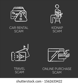 Scam Types Chalk Icons Set. Car Rental, Online Purchase Fraudulent Scheme. Kidnap, Travel Trick. Cybercrime. Financial Scamming. Illegal Money Gain. Isolated Vector Chalkboard Illustrations