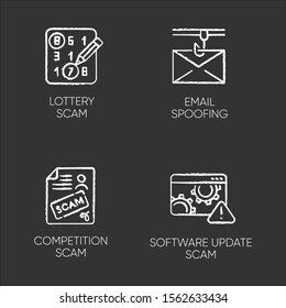Scam types chalk icons set. Lottery, competition fraudulent scheme. Email spoofing. Software update trick. Malware. Cybercrime. Illegal money gain. Isolated vector chalkboard illustrations