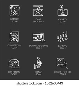 Scam Types Chalk Icons Set. Lottery, Competition Fraud. Charity, Banking, Car Rental Scheme. Software Update. Kidnap, Credit-for-sex Scamming. Email Spoofing. Isolated Vector Chalkboard Illustrations