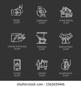 Scam types chalk icons set. Travel, gambling, dating scheme. Pension, inheritance, employment trick. Phone, online purchase, home rental scamming. Cybercrime. Isolated vector chalkboard illustrations