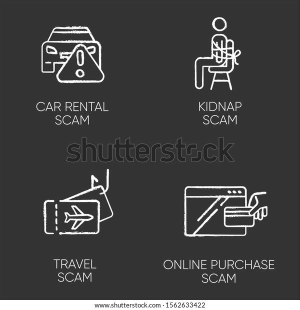 Scam types chalk icons set. Car rental,\
online purchase fraudulent scheme. Kidnap, travel trick.\
Cybercrime. Financial scamming. Illegal money gain. Isolated vector\
chalkboard illustrations