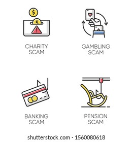 Scam types color icons set. Charity, pension fraudulent scheme. Gambling, banking trick. Cybercrime. Financial scamming. Illegal money gain. Isolated vector illustrations