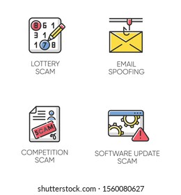 Scam types color icons set. Lottery, competition fraudulent scheme. Email spoofing. Software update trick. Malware. Cybercrime. Illegal money gain. Isolated vector illustrations