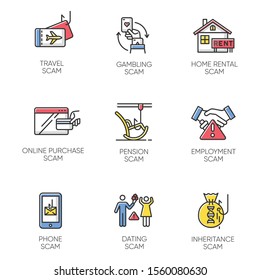 Scam Types Color Icons Set. Travel, Gambling, Dating Scheme. Pension, Inheritance, Employment Trick. Phone, Online Purchase, Home Rental Scamming. Cybercrime. Isolated Vector Illustrations