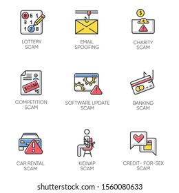 Scam Types Color Icons Set. Lottery, Competition Fraud. Charity, Banking, Car Rental Fraudulent Scheme. Software Update. Kidnap, Credit-for-sex Scamming. Email Spoofing. Isolated Vector Illustrations