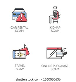 Scam Types Color Icons Set. Car Rental, Online Purchase Fraudulent Scheme. Kidnap, Travel Trick. Cybercrime. Financial Scamming. Illegal Money Gain. Isolated Vector Illustrations