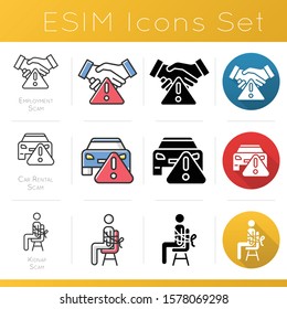 Scam types color icons set. Employment scamming. Car rental scheme. Kidnap fraud. Financial scamming. Illegal money gain. Flat design, linear, black and color styles. Isolated vector illustrations