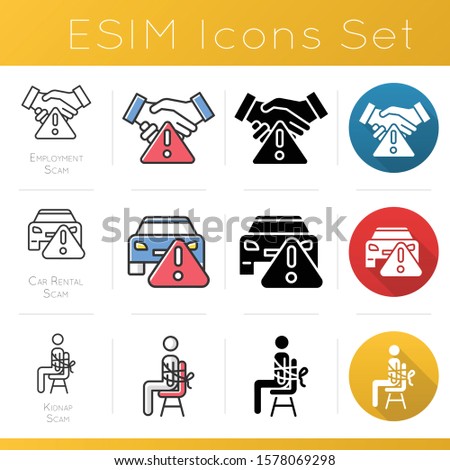Scam types color icons set. Employment scamming. Car rental scheme. Kidnap fraud. Financial scamming. Illegal money gain. Flat design, linear, black and color styles. Isolated vector illustrations