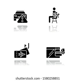 Scam Types Drop Shadow Black Glyph Icons Set. Car Rental, Online Purchase Fraudulent Scheme. Kidnap, Travel Trick. Cybercrime. Financial Scamming. Illegal Money Gain. Isolated Vector Illustrations