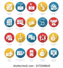 Scam types flat design long shadow glyph icons set. Malware. Investment, rental schemes. Phishing tricks. Cybercrime. Financial fraud. Illegal money gain. Vector silhouette illustration