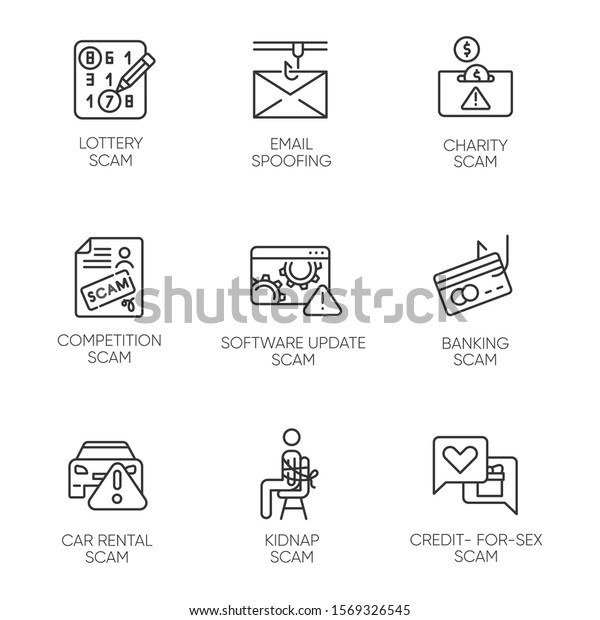 Scam types linear icons set. Lottery fraud.\
Charity, banking scheme. Software update. Kidnap, credit-for-sex\
scamming. Thin line contour symbols. Isolated vector outline\
illustrations. Editable\
stroke