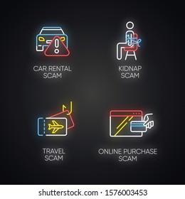 Scam Types Neon Light Icons Set. Car Rental, Online Purchase Fraudulent Scheme. Kidnap, Travel Trick. Cybercrime. Financial Scamming. Illegal Money Gain. Glowing Signs. Vector Isolated Illustrations