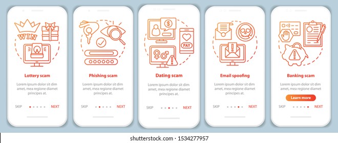 Scam types onboarding mobile app page screen vector template. Walkthrough website steps with linear illustrations. Phishing scam. UX, UI, GUI smartphone interface concept