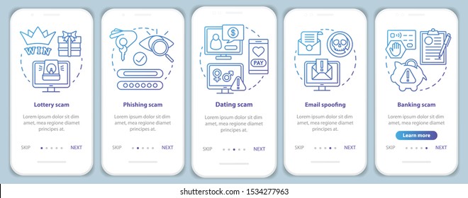 Scam types onboarding mobile app page screen vector template. Walkthrough website steps with linear illustrations. Lottery scam. UX, UI, GUI smartphone interface concept